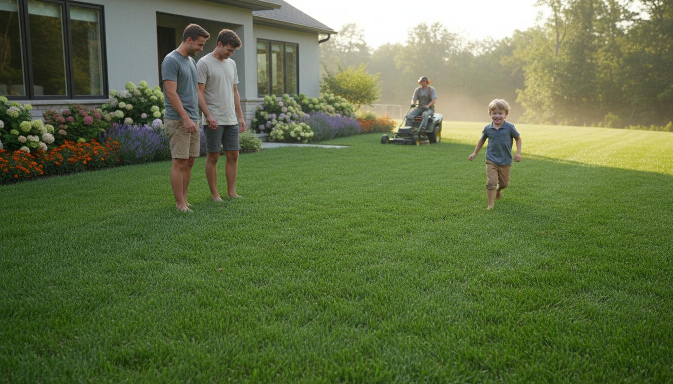 Familie nyder solrig grøn plæne