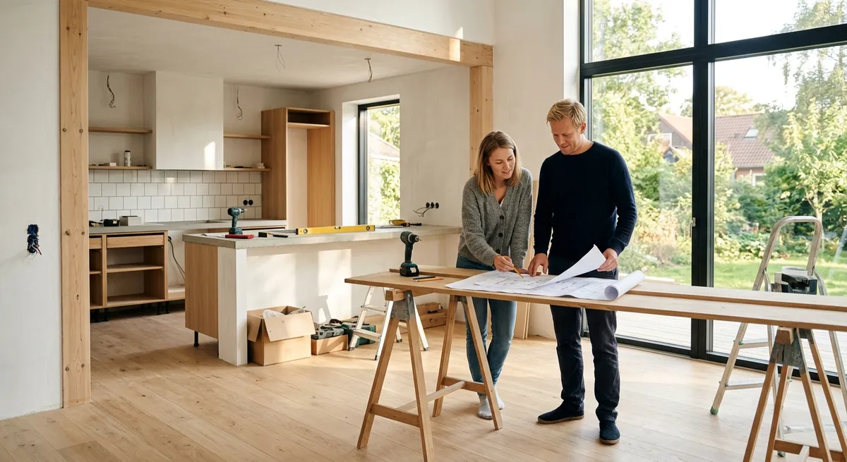 Lys og moderne dansk stue under renovering med fokus på skandinavisk design og naturligt lys