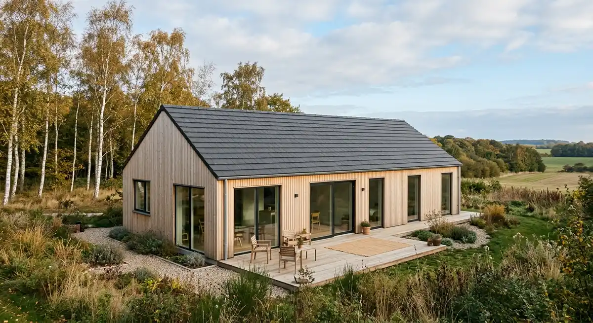 Et smukt og holdbart tag på et moderne hus i skandinavisk design under det naturlige nordiske lys.